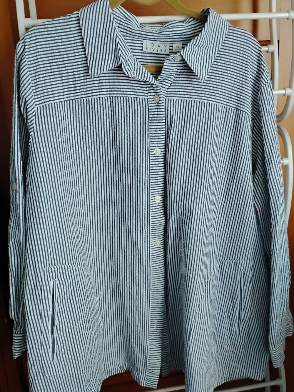 Joan Rivers Seersucker L/S Cotton Blouse 2X
